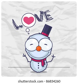 Vector cartoon snowman on a paper-background.
