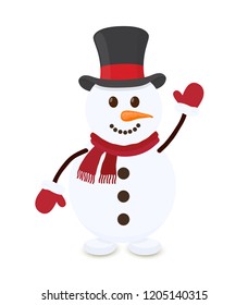 Vector cartoon snowman in red cap, mittens and scarf. Merry character of Christmas with carrot nose. Decoration for winter holiday.