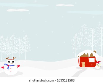 Vector - Cartoon snowman, red house and tree on winter season. Snowing. Merry Christmas and Happy New Year. Seasonal greeting. Copy space.