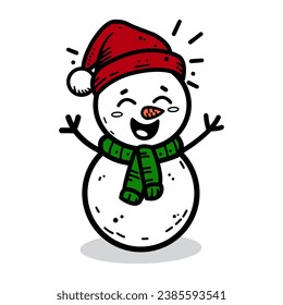 Vector cartoon snowman with red Santa hat, hand drawn isolated on white background.