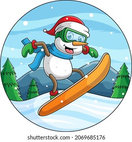 vector cartoon snowman skiing on a winter background