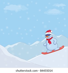 Vector cartoon, snowman sportsman skiing on a snowboard in the mountains