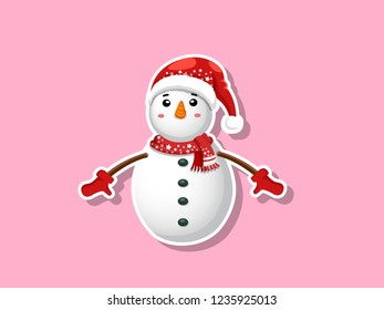 Vector cartoon Snowman Sticker. Merry Christmas and happy new year. decorative element on holiday. Greeting card design, posters, gift tags and labels.