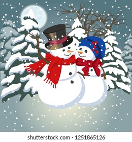 Vector cartoon, snowmens man and a woman make a snow baby