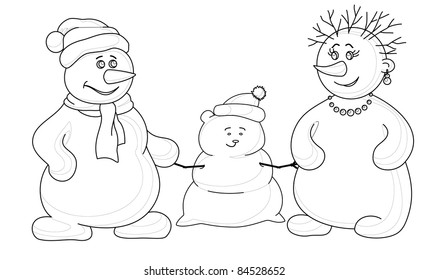Vector cartoon, snowmens man and a woman make a snow baby, contours