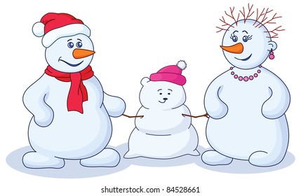 Vector cartoon, snowmens man and a woman make a snow baby