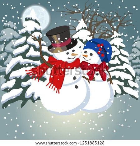 Vector cartoon, snowmens man and a woman make a snow baby