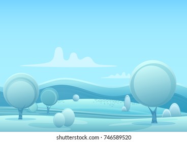 Vector Cartoon snowy winter game style landscape with trees and snow mountains hills.