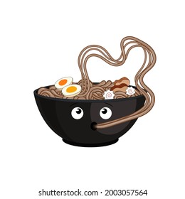 Vector Cartoon Soba Noodles, Black Bowl, Cute Character Isolated on White Background, Japanese Food.