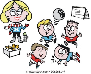 Vector Cartoon Of Soccer Mom With Children Playing Sport.