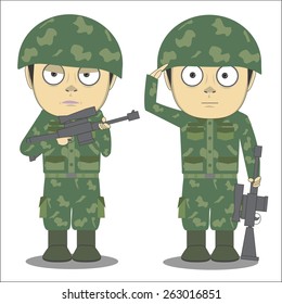 Vector cartoon soldier and a white background.