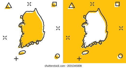 Vector cartoon South Korea map icon in comic style. South Korea sign illustration pictogram. Cartography map business splash effect concept.