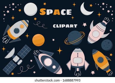 Vector cartoon space clipart. Spaceships, rockets, planets, stars and a space satellite. Cosmos set. Vector illustration. Universe icons. Rocket, Space ship Symbols collection. Cosmic collection.
