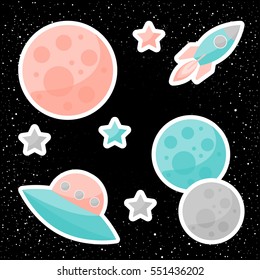 Vector cartoon space cover with planets, pink, grey and blue stars, ufo and spaceship isolated on black open space background