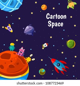 Vector with cartoon space planets and ships