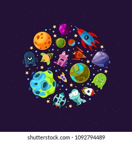 Vector cartoon space planets and ships