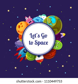 Vector cartoon space planets and ships under circle with place for text illustration. Rocket ship and planet in universe