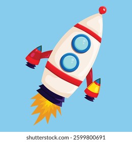 Vector cartoon space rocket with bright flames