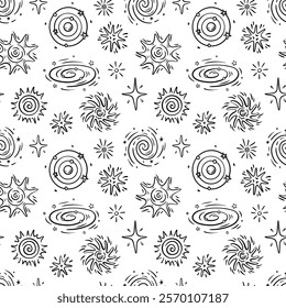 Vector cartoon space seamless pattern. Hand drawn doodle space background with milky way, stars, sun, black hole.