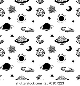 Vector cartoon space seamless pattern. Hand drawn doodle space background with planets, saturn, orbite, stars, crescent, moon.