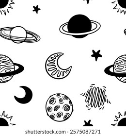 Vector cartoon space seamless pattern. Hand drawn doodle space background with saturn, planet, cerscent, moon, star.