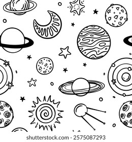 Vector cartoon space seamless pattern. Hand drawn doodle space background with satellite, planet, saturn, moon, star, cerscent.