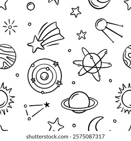 Vector cartoon space seamless pattern. Hand drawn doodle space background with stars, falling star, satellite, moon, cerscent, planets, constellation.