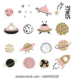 Vector cartoon space set. Rocket, UFO spaceships and planets.