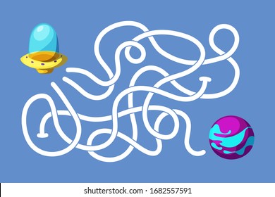 Vector cartoon spaceship and planet. Vector illustrations for children books. Labyrinth. Educational game for children. 