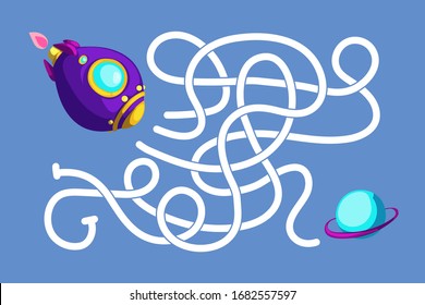 Vector cartoon spaceship and planet. Vector illustrations for children books. Labyrinth. Educational game for children. 