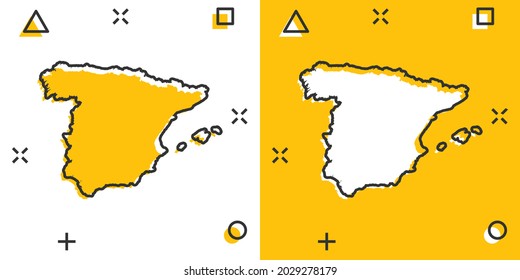 Vector cartoon Spain map icon in comic style. Spain sign illustration pictogram. Cartography map business splash effect concept.