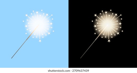 Vara brilhante dos desenhos animados vetoriais, opções para fundos claros e escuros. O sparkler de festa única é iluminado e queimado com faíscas de formas de estrelas. Ilustração para celebração festiva e design de feriado.