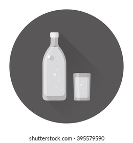 vector cartoon sparkling water, mineral water / glass bottle, transparent cup / circle, sign and icon template / grey on white