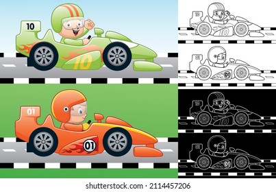 Vector cartoon of speed car racing with little boy racer