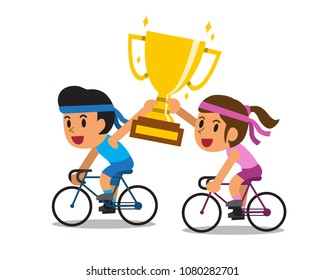 Vector cartoon sport couple riding bikes and holding big gold trophy cup award for design.