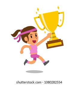 Vector cartoon sport woman holding big gold trophy cup award for design.