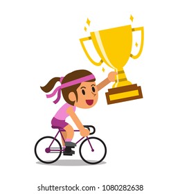 Vector cartoon sport woman riding bike and holding big gold trophy cup award for design.