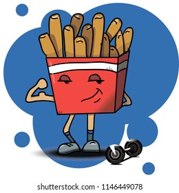 Vector cartoon sports french fries on a white background with blue spots