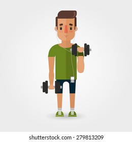 Vector Cartoon Sportsman with Dumbbells