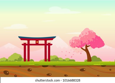Vector cartoon Spring Japan lanscape with sakura trees, bushes, mountains and traditional Japanese portal. Perfect for game background 