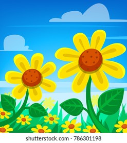 vector cartoon spring season scene with sun flower close up and sunflower field background illustration drawing