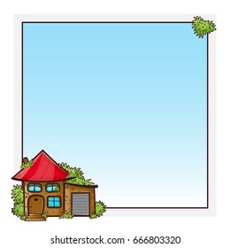 Vector cartoon square frames with place for photo or text. Cute cottages with windows, door, garage, tiled roof, brick wall. Childish design