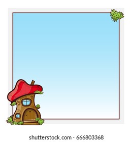 Vector cartoon square frames with place for photo or text. Kawaii fairy, gnome cabin looks like acorn. Childish design