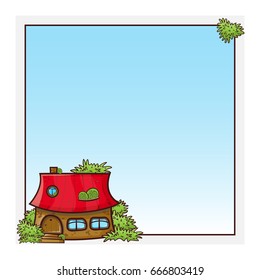 Vector cartoon square frames with place for photo or text. Kawaii house with windows, door and porch steps, tiled roof, brick wall. Childish design
