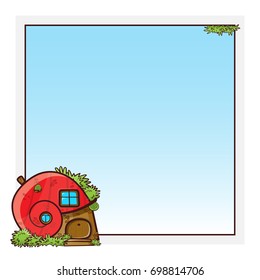 Vector cartoon square frames with place for photo or text. Kawaii gnome forest cabin looks like shell, with windows, tiled roof, brick wall. Childish design