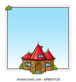 Vector cartoon square frames with place for photo or text. Kawaii lodge with windows, door and porch steps, tiled roof, brick wall. Childish design