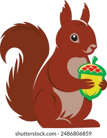 A vector Cartoon Of Squirrel holding an acorn in its paws