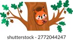 Vector cartoon squirrel sitting with nut in acorn tree hollow clipart isolated on white background. Cute forest animal icon for kids. Flat woodland element. Woods wildlife illustration
