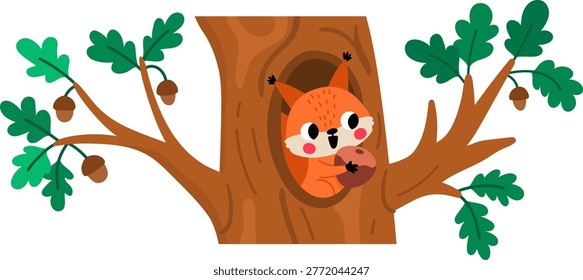 Vector cartoon squirrel sitting with nut in acorn tree hollow clipart isolated on white background. Cute forest animal icon for kids. Flat woodland element. Woods wildlife illustration

