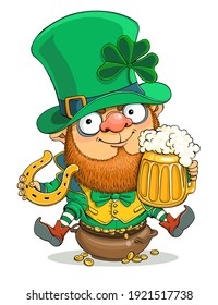 Caricatura vectorial. Tarjeta del Día de San Patricio. Cute Leprechaun con una taza de cerveza, monedas, trefoil y una herradura en mano.